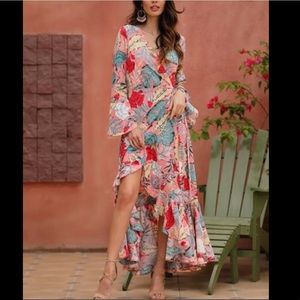 🛑SOLD🛑 Tropical Wrap Ruffle-Hem Maxi Dress